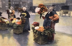 La festa del crisantemo: mercante di crisantemi per strada. Incisione. Uno dei giornali "Le petit parisien" del 20/11/1910. Collezione privata da Anonymous Anonymous