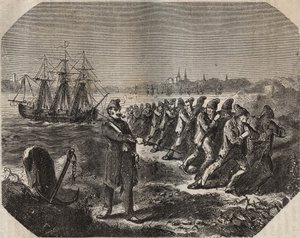 La cordelle (lavoro di grande fatica) al bagne di Rochefort nel XIX secolo. Incisione in 