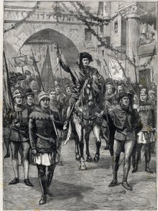 Il corteo delle corporazioni nel XIV secolo: Il prevosto dei mercanti di Parigi. Incisione. In "Le petit parisien", del 18/06/1899. Collezione privata. da Anonymous Anonymous