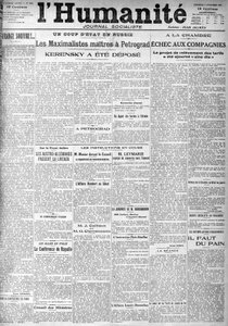 Il colpo di stato in Russia sui titoli del giornale socialista "Humanity". Titoli: "I padroni massimalisti a Pietrogrado", "Kerensky è stato deposto", 9/11/1917 da Anonymous Anonymous