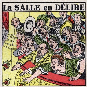 Gli effetti della musica: spettatori di un teatro che esprimono la loro gioia con grida, applausi e fiori. Illustrazione anonima del 1925. Collezione privata.