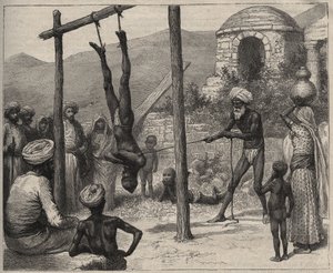 Il fachiro in India - I fachiri in India - appeso per i piedi a una barra di legno - incisione del 1892 in "Journal des voyages"