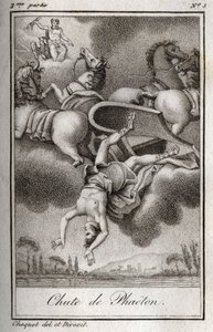 La caduta di Fetonte. Fetonte, incapace di controllare il carro di Elio, fu colpito da Zeus e cadde nel fiume Eridano. Incisione del 1819 in 