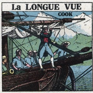 I primi strumenti ottici: il Capitano James Cook (1728-1779), a prua della sua nave, osserva le terre meridionali con il cannocchiale. Illustrazione anonima del 1925. Collezione privata.