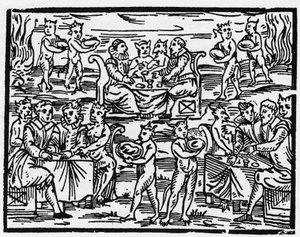 Il pasto delle streghe nel sabba - "Compendium Maleficarum", tratta delle streghe, dei loro mali e dei loro sortilegi di Francesco Maria Guazzo o Guaccio o Guaccius (15?? -16??) 1608 Collezione Privata da Anonymous Anonymous