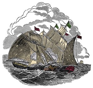 La nave del pirata Henry Every attaccò nel settembre 1695 la flotta del grande Mughal Aurangzeb al largo di Surat, India. Incisione da 