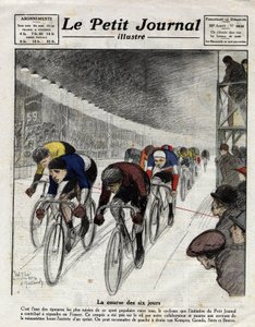 La corsa dei sei giorni: Piet van Kempen (1898-1985), Alfred Grenda, Seres e Maurice Brocco (1883-1965) durante lo sprint. Incisione in Le Petit Journal illustrato, il 16/04/1922