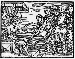Gli stregoni rendono omaggio al diavolo - "Compendium Maleficarum", tratta delle streghe, dei loro mali e dei loro sortilegi di Francesco Maria Guazzo o Guaccio o Guaccius (15??? -16??) 1608 Collezione Privata da Anonymous Anonymous