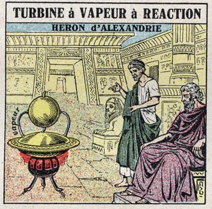 La macchina a vapore: una turbina a vapore a reazione. Eolipila inventata dal greco Erone di Alessandria nel I secolo d.C. Illustrazione anonima del 1925. Collezione privata. da Anonymous Anonymous