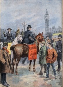 Le suffragette attraversano la città di Londra a cavallo. Incisione dal giornale 