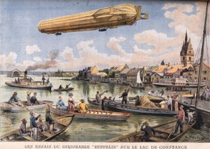 Le prove del dirigibile Zeppelin sul Lago di Costanza in Germania. Incisione dal giornale 
