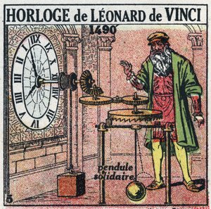 Tempo: orologio a peso inventato da Leonardo da Vinci (1452-1519) nel 1490. Sostituisce il volantino con un bilanciere verticale. Illustrazione anonima del 1925. Collezione privata. da Anonymous Anonymous