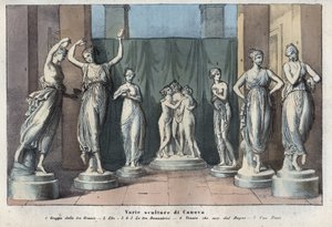 Varie sculture di Canova - Le Tre Grazie - Ebe - Le Tre Grazie Danzanti - Venere Italica - Musa - incisione da "Usi e Costumi di Tutti i Popoli dell