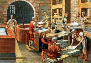 Veduta di un laboratorio di fabbricazione della carta a Fabriano nel XVI secolo, Italia. I diversi passaggi. Illustrazione. Collezione privata