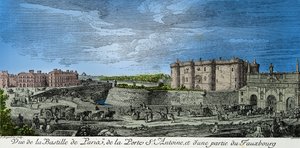 Vista della Bastiglia di Parigi, della Porta Saint Antoine e parte del sobborgo nel XVIII secolo, Incisione, Collezione privata da Anonymous Anonymous