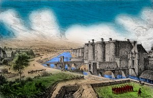 Veduta della Bastiglia con le sue mura circostanti sotto il re Carlo V il Saggio (1338-1380), Incisione, Collezione privata