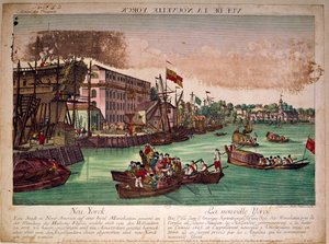 Veduta del porto della città di New York negli Stati Uniti, a sinistra un cantiere navale. La foce del fiume Hudson e l