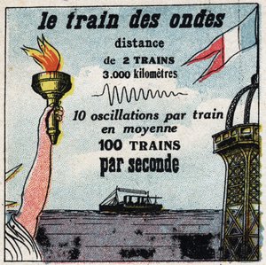 Telegrafia senza fili: il treno delle onde. Tra Parigi e New York, non ci sono mai più di due onde. Illustrazione anonima del 1925. Collezione privata.