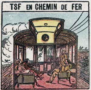 Telefonia senza fili: T.S.F. in un vagone ferroviario. Illustrazione anonima del 1925. Collezione privata. da Anonymous Anonymous