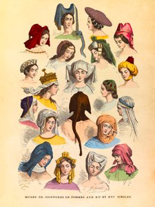 Acconciature femminili nel XV e XVI secolo, incisione - collezione privata da Anonymous Anonymous