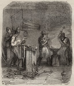 Forze operaie al Bagne di Rochefort nel XIX secolo. Incisione in "Histoire des bagnes depuis leur création à nos jours" (1877) di Pierre Zaccone (1817-1895). Collezione privata.