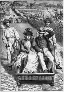 Carros de cesto a Madeira 1893 - Les corinhos (carrieros) a Madeira - uomini che guidano un sedile a due posti su ruote (un corinho). Incisione in 