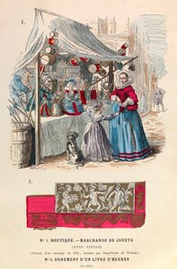 Una bottega di giocattoli nel XVII secolo / in basso un ornamento di un libro d