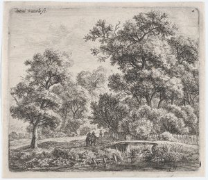 Un uomo e una donna vicino a un piccolo ponte, XVII secolo da Anthonie Waterloo