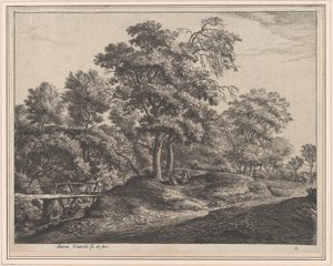 Una contadina e sua figlia su un piccolo ponte di legno, XVII secolo da Anthonie Waterloo