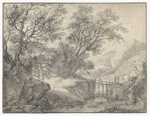 Paesaggio montano con alberi e un ponte su un ruscello