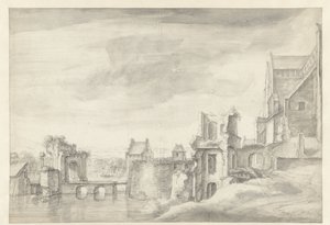 Veduta di rovine su una riva del fiume (Chiesa di San Walburga ad Arnhem?) da Anthonie Waterloo