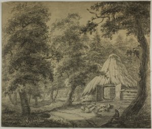 Capanna di paglia nei boschi con pastore e pecore da Anthonie Waterloo