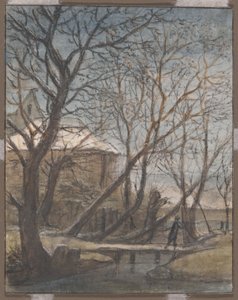 Paesaggio invernale con uomo che attraversa