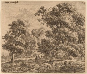 Paesaggio boscoso con un ponte da Anthonie Waterloo