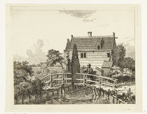 Jan Hanzenpad fuori dalla Raampoort Vrouw con bambino su un ponte vicino a un cancello chiuso da Anthonie van den Bos
