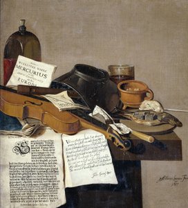 Natura Morta con una Copia di De Waere Mercurius, un Foglio Volante con la Notizia della Vittoria di Tromp su tre Navi Inglesi il 28 Giugno 1639, e una Poesia che Racconta la Storia di Apelle e il Calzolaio da Anthonius Leemans