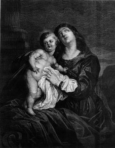 La Vergine e il Bambino Gesù. Incisione da un dipinto di Anton (Antoon o Anthony) van Dyck (1599-1641). Incisione in "Le Monde Illustré" n.1239 del 25 dicembre 1880 da Anthony van (after) Dyck
