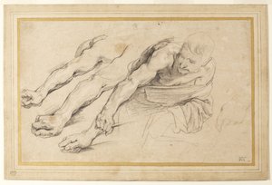 Figura di un uomo che si piega in avanti con il braccio destro teso; tre studi del braccio destro e uno della mano sinistra per la stessa figura (gesso su carta)