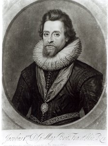Ritratto di Giacomo I dopo un miniatura di Nicholas Hilliard del 1617, inciso da George Vertue da Anthony van Dyck