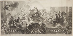 Progetto del pannello centrale del soffitto della Grand Gallery del Palais Royal, inciso da Nicolas Henri Tardieu (1674-1749) da Antoine (after) Coypel