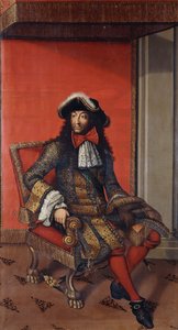 Ritratto del re Luigi XIV, seduto a figura intera, in un cappotto blu e oro ricamato con un colletto bianco e un cappello bordato di pelliccia, su un trono da Antoine (after) Dieu