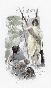 Odissea di Omero: canto XIII: Atena travestita da giovane pastore accoglie Ulisse a Itaca Illustrazione di Antoine Calbet per 