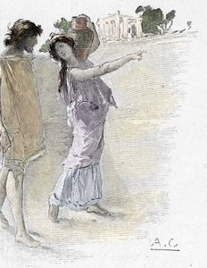 Odissea di Omero: Canto VII: Odisseo aiutato da Atena travestita da giovane ragazza arriva al palazzo di Alcinoo, illustrazione di Antoine Calbet per L