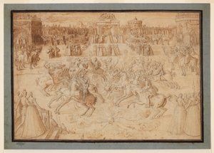 Un gioco equestre con cavalieri che giostrano tra fuochi d