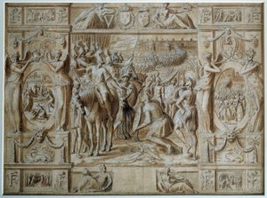 La Sottomissione di Milano Le truppe di Francesco I presero la città di Milano dopo la vittoria alla Battaglia di Marignano nel 1515. Disegno a penna e acquerello di Antoine Caron (XVI secolo) Parigi, Museo del Louvre