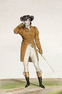 Un dandy vestito con un cappello a forma di barca, una giacca color camoscio e pantaloni di pelle di daino, tavola 1 dalla serie di stampe di moda 