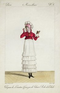 Una signora con cappello levantino, gonna a strati e giacca di velluto, tavola 6 dalla serie di moda 