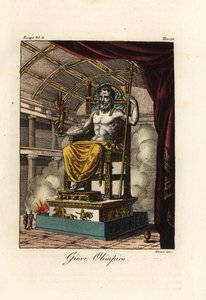 Statua di Zeus o Giove a Olimpia, figura gigante seduta dello scultore greco Fidia intorno al 435 a.C. nel santuario di Olimpia, Grecia