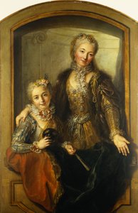 Ritratto di Madame Dupille e sua figlia, mezzo busto, vestite con abiti da ballo in una finestra, 1733 da Antoine Coypel