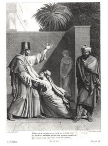 Ester Implora Assuero alla Presenza di Aman, illustrazione da Ester di Jean Racine (1639-99) incisa da J.J. Coiny (1761-1809)